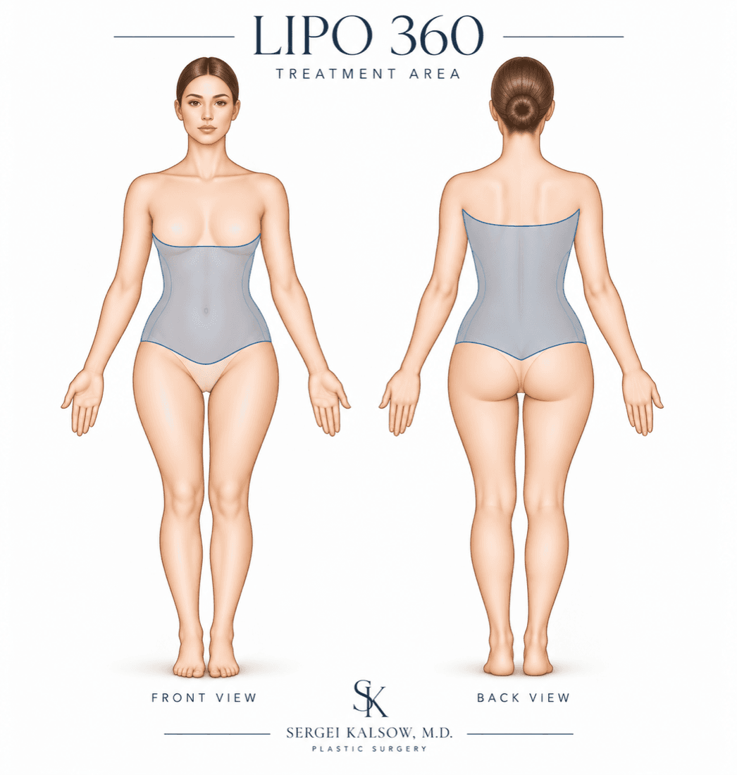 Diagram of the Lipo 360 treatment area from the front and back: abdomen, waist, flanks and back